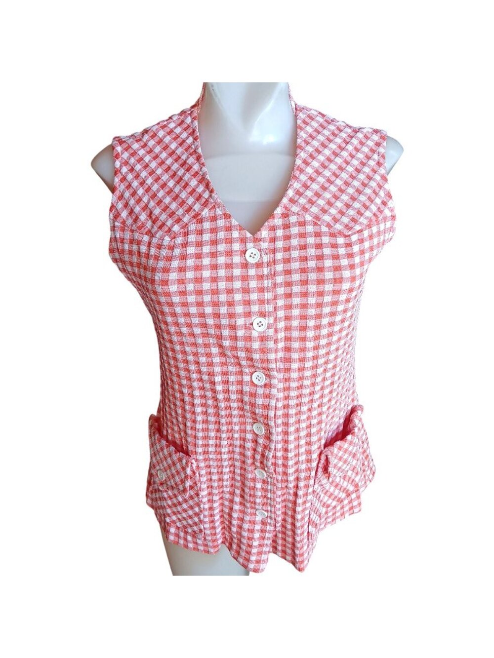 True Vintage Medium Top Granny Western Red White Gingham Sleeveless Blouse 70's